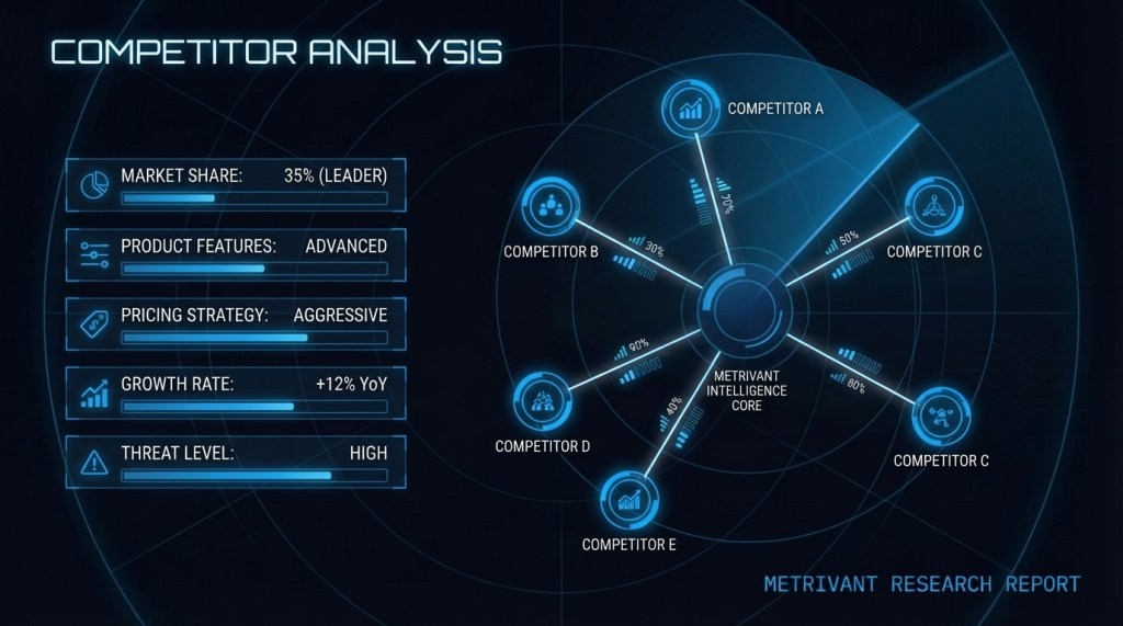 Competitor analysis dashboard showing radar visualization with competitor nodes, signal indicators, and structured intelligence breakdown — Metrivant