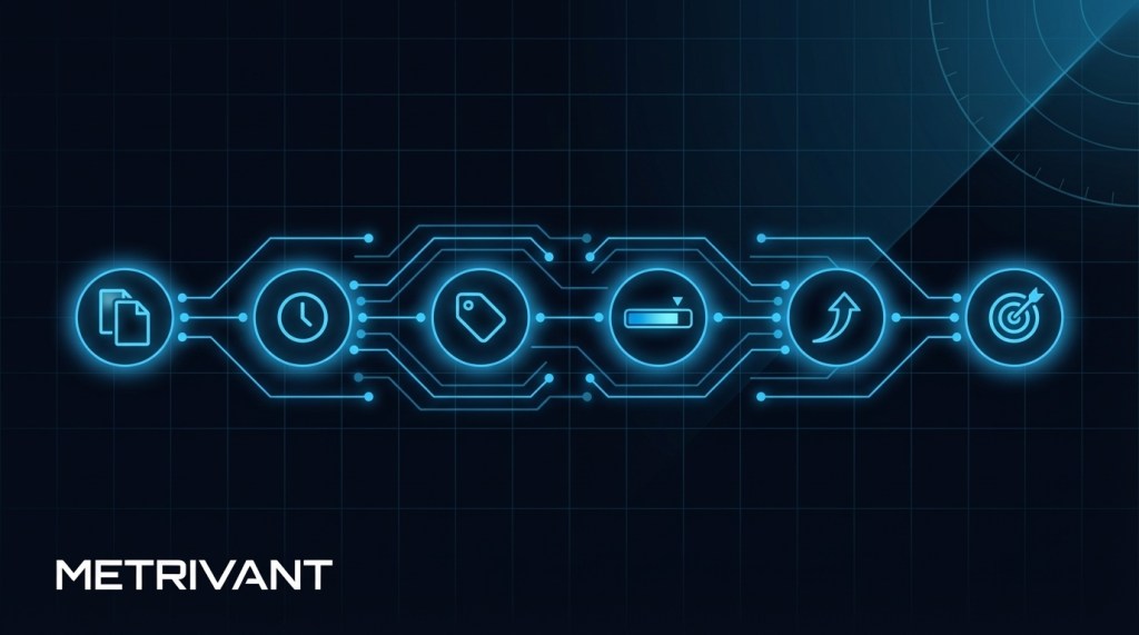 Evidence chain diagram showing connected nodes for page diff, timestamp, classification, confidence score, strategic implication, and recommended action — Metrivant competitive intelligence